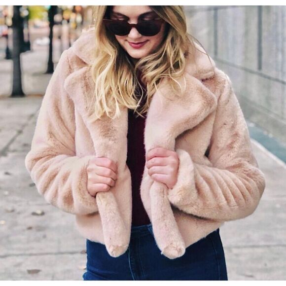 DANCE & MARVEL Beige Faux Fur Semi Cropped Coat - Picture 1 of 6